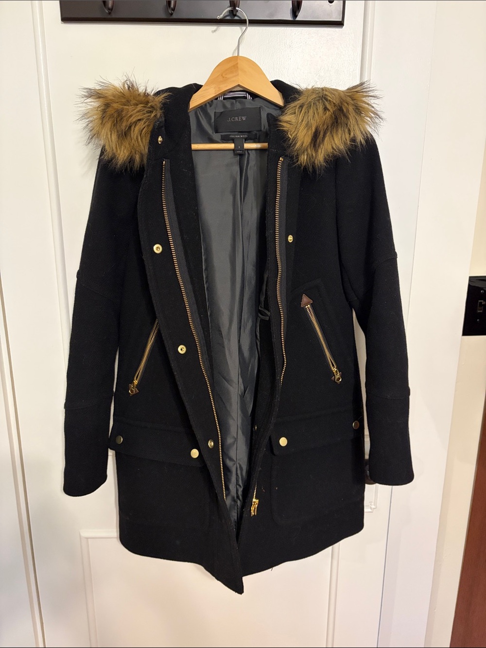 J. Crew Black Wool Pea Coat with Faux-Fur Hood Trim